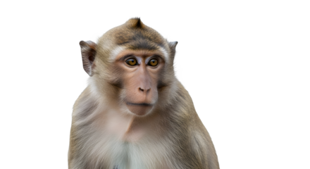 Close up portrait of a curious macaque monkey with striking eyes isolated on a black background