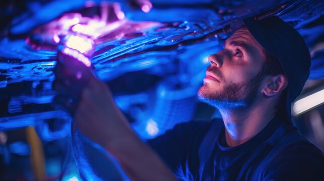 Car Inspection with UV Light by Mechanic Expert