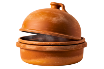 Terracotta tagine cooking pot with conical lid and rising steam isolated on a transparent background