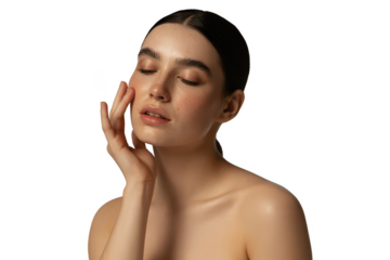 Young woman touching her face isolated on transparent background
