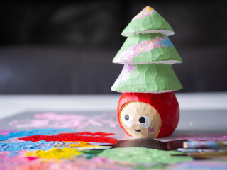 art toy wood carving cute wooden carved Basswood doll red merry christmas tree love happy xmas holiday celebration design acrylic color paint craft handmade decoration gift hobby model selected focus