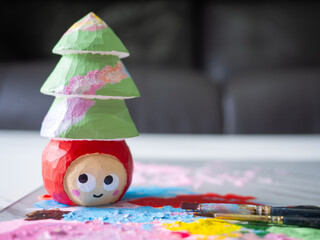 art toy wood carving cute wooden carved Basswood doll red merry christmas tree love happy xmas holiday celebration design acrylic color paint craft handmade decoration gift hobby model selected focus