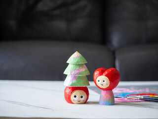 art toy wood carving cute wooden carved Basswood doll merry christmas tree red heart love happy valentine design acrylic color paint craft handmade decoration gift present hobby model selected focus