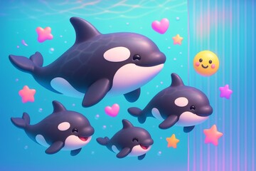 Obraz premium Cute cartoon orcas swimming underwater with colorful stars, hearts, and a smiling emoji on a vibrant blue background in playful style. Ai generative