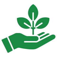 Green hand holding a small plant with three leaves symbolizing growth ecology and environmental care