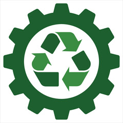 Green gear with a prominent recycling symbol representing ecofriendly industrial processes and sustainable development concept
