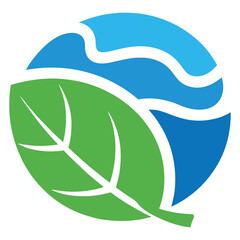 Stylized green leaf and flowing blue water waves form a modern circular graphic symbol representing environmental sustainability