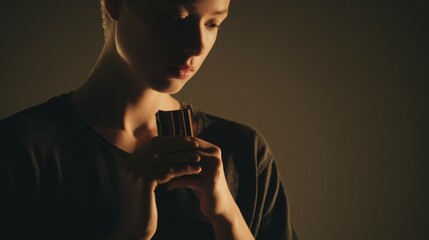 minimalistic scene, person holding chocolate bar thoughtfully, warm soft lighting, calm expression, neutral background, gentle highlight