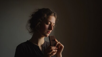 minimalistic scene, person holding chocolate bar thoughtfully, warm soft lighting, calm expression, neutral background, gentle highlight