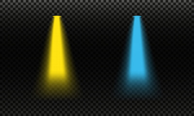 Set of yellow and blue spotlights. Glowing light beams isolated on transparent background.