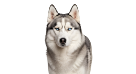 Striking portrait of a majestic Siberian Husky dog with piercing blue eyes