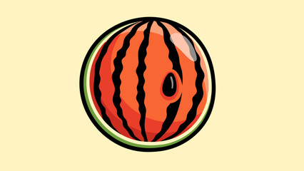 Illustration of a watermelon slice with red flesh, black seeds, and a green rind on a light yellow background.