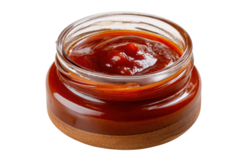Glass jar filled with thick dark red barbecue sauce on black background food, Png On White Background, Isolated on Transparent Background, Cut Out