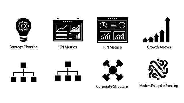 Modern business analytics and strategic management icon set, perfect for illustrating growth, corporate structure, and performance metrics