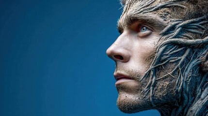 Man with tree roots on his face against a blue background