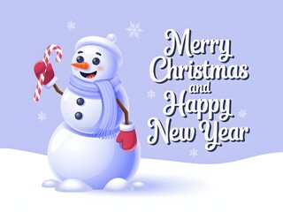 A cheerful snowman holding a candy cane wishes merry christmas and happy new year