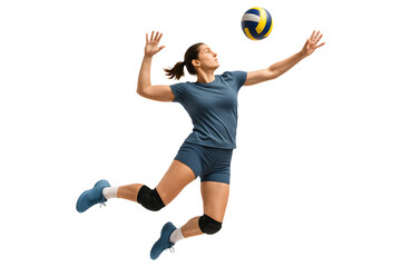 Professional female volleyball athlete mid-jump performing a midair smash, isolated on a white background
