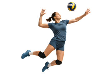 Professional female volleyball athlete mid-jump performing a midair smash, isolated on a white background