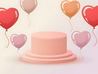 A delicate pink cylinder podium stage with vibrant heart shaped balloons in a romantic setting