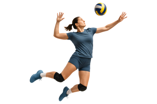 Professional female volleyball athlete mid-jump performing a midair smash, isolated on a white background - Powered by Adobe