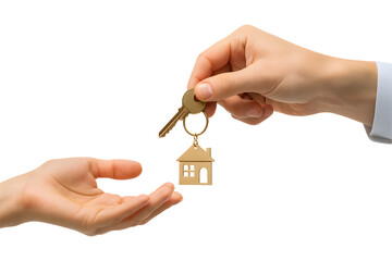 Real estate agent handing house keys to a new homeowner, isolated on a white background
