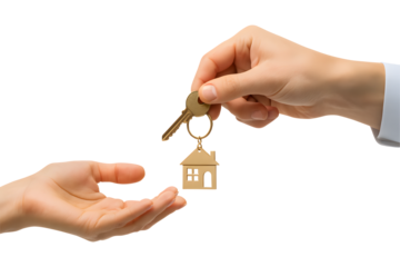 Real estate agent handing house keys to a new homeowner, isolated on a white background