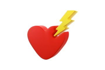 Red heart with yellow lightning bolt, isolated on a white background