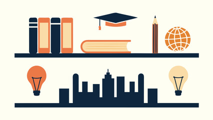 Education cityscape with books graduation cap pencil globe light bulbs on shelf