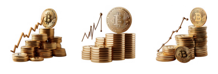 Stacks of golden bitcoin coins with increasing graph lines symbolizing growth and financial success on transparent background