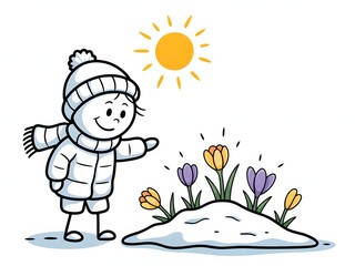 A happy child in winter clothes discovers the first crocus flowers blooming through the snow