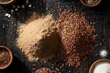Flat Lay Composition of Whole Wheat Flour Piles with Flax Seeds and Other Whole Grains in Small Wooden Bowls on a Dark Rustic Wooden Background, Natural Light for Healthy Baking and Bread Content