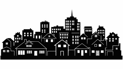 Silhouette of a diverse cityscape with residential homes and tall buildings.