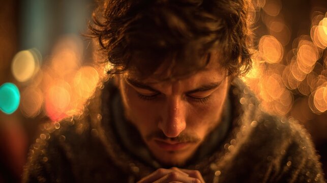 Man Praying in Front of Cross with Bokeh Lights