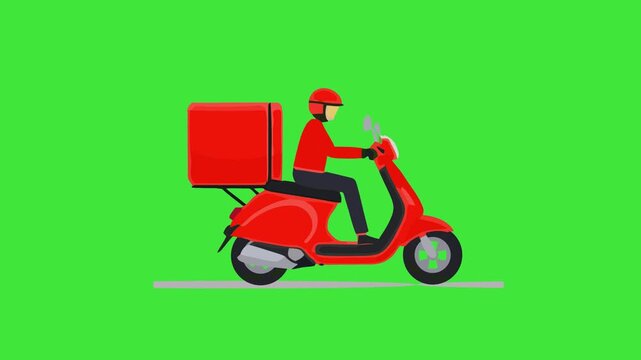 Red delivery scooter with a rider and a large red box on the back, set against a green screen.