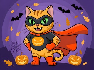 A mischievous orange tabby cat dressed in a superhero costume for halloween festivities