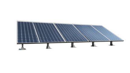 Isolated view of a row of solar panels on a black background on transparent background