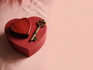 A romantic red heart-shaped gift box with a vintage key on a soft pink background