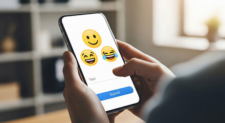 Person holding smartphone with emoji selection screen and text input field hand smiley face