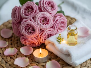 A serene moment of self-care featuring pink roses, a candle, and essential oil for relaxation