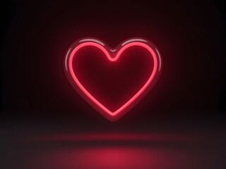 A vibrant red neon heart sign illuminating a dark, reflective surface in a minimalist digital artwork