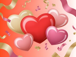 A vibrant collection of glossy hearts and confetti floating for a romantic celebration