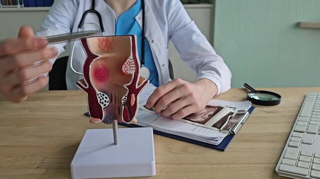 Doctor with model of human rectal anatomy and hemorrhoids in hospital, inflamed vascular structure 