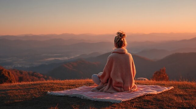 Woman sitting comfortably on a pastel blanket while looking out at majestic mountains in morning light - Powered by Adobe