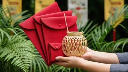 Hands holding red envelopes and a woven basket outdoors in a garden