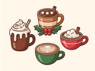 Cozy winter drinks collection with hot chocolate, whipped cream, and latte art