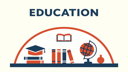 Education concept with graduation cap, books, globe, and academic symbols on shelf, representing learning and knowledge