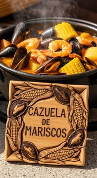 Hearty Chilean Cazuela de Mariscos Seafood Stew with Mussels and Carved Ma&ntilde;&iacute;o Wood Sign
