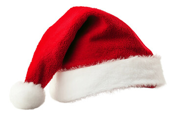 Christmas Santa hat with fluffy trim and pom-pom festive holiday winter headwear cozy seasonal accessory isolated on white background