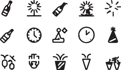 Set of black line icons related to new year celebration on light grey background