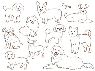 手描きの犬のセット線画_ベクターイラスト